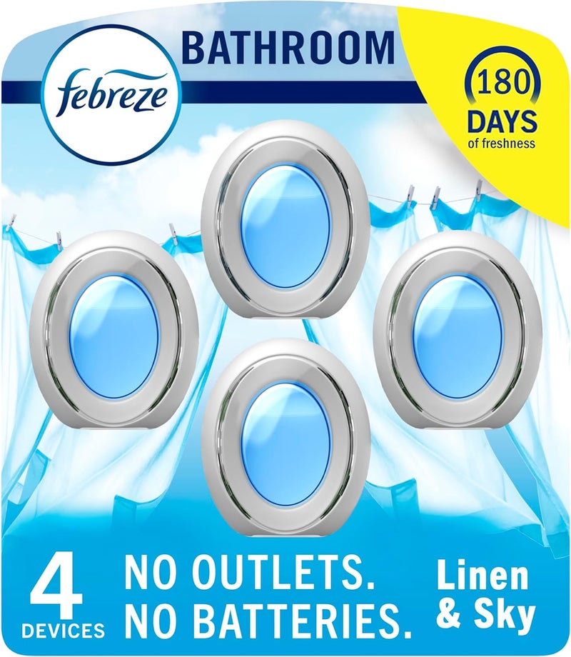 febreze Bathroom Air Freshener, Odor-Fighting, Plug In Alternative, Air Fresheners for Home and Bathroom and Kitchen, Closet Air Fresheners, Linen & Sky Scent, 4 Count - Image 1