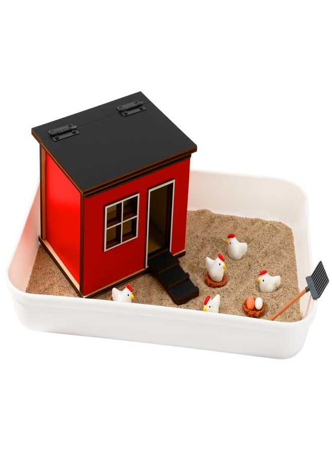 CypherX Chicken Zen Garden Sand Tray Therapy Kit with Miniature Chicken Coop, Hen Figurines Mini Zen Garden Kit Gift Office Desk Decor Fidget Stress Relief - Image 1