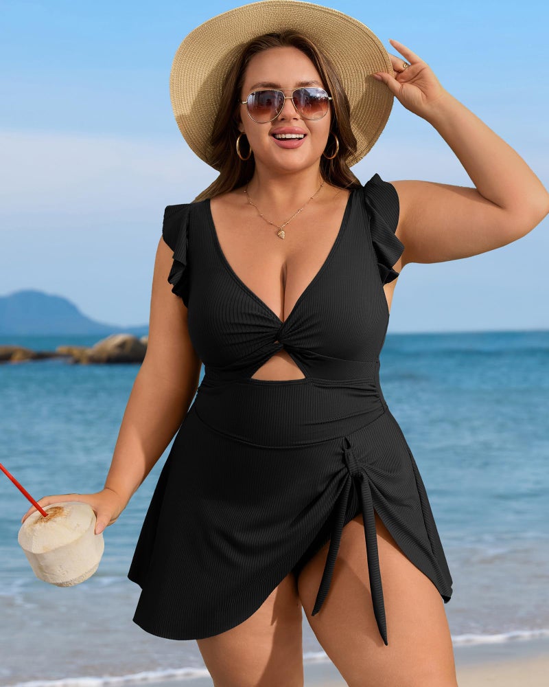 Charmo Women's Tie Knot Plus Size Swimsuit for Women Tummy Control One Piece Bathing Suit Slimming Ruffle Swimdress Black 2X - Image 5