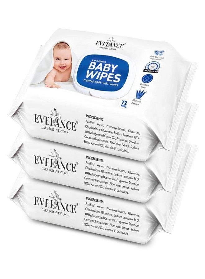 EVELANCE Soft Cleansing Baby Wipes with Lid | 72 Wipes x 3-216 Wipes | Extra Thick & Moist Wet Wipes for Baby's | Prevents Rashes & Redness with Goodness of Aloe Vera Vitamin E | pH Balanced - Image 1