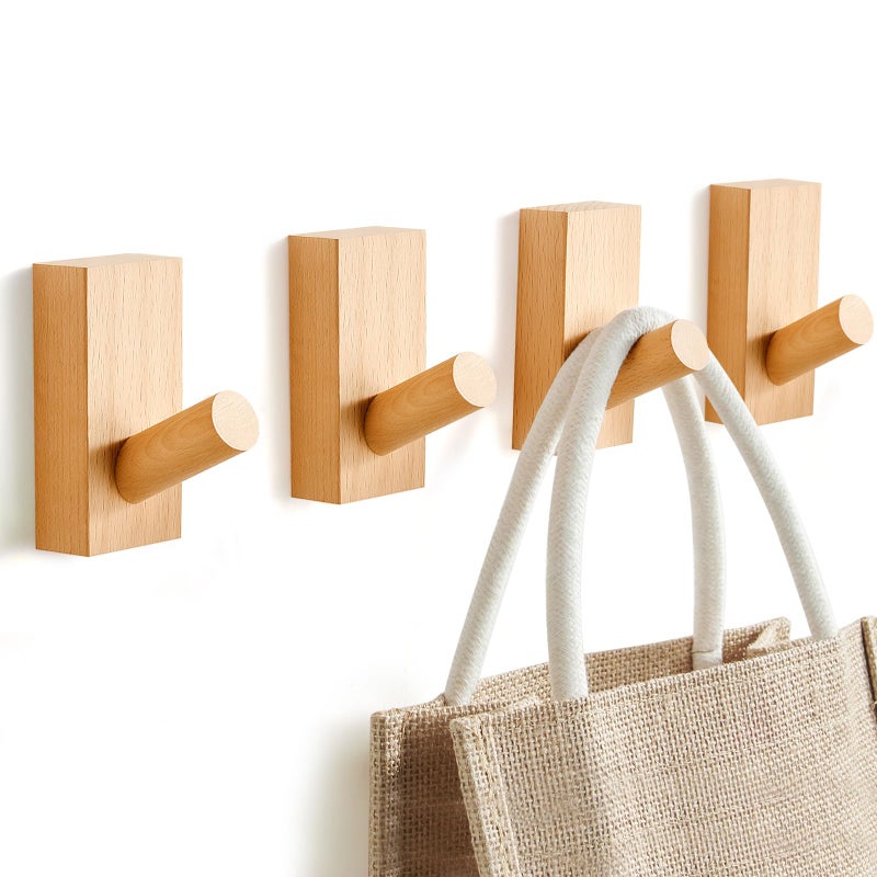 Felidio Natural Wooden Wall Hooks, Adhesive & Screw Mount Coat and Towel Hooks - Decorative Key Holder, Hat Rack, Stocking Wall Hangers for Bathroom Entryway Closet - 4 Pack, Beech Wood - Image 1