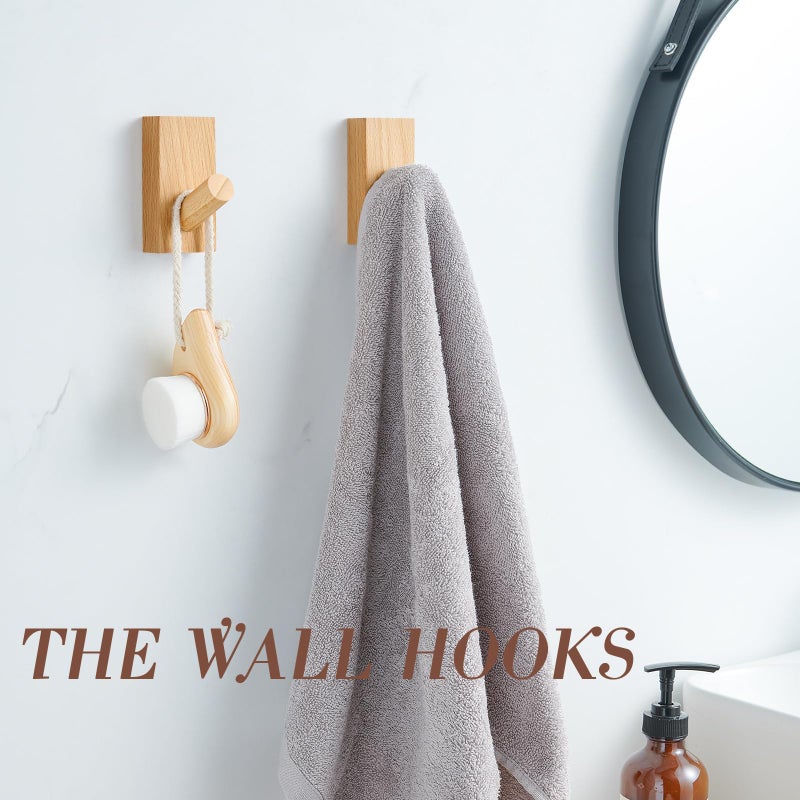 Felidio Natural Wooden Wall Hooks, Adhesive & Screw Mount Coat and Towel Hooks - Decorative Key Holder, Hat Rack, Stocking Wall Hangers for Bathroom Entryway Closet - 4 Pack, Beech Wood - Image 2