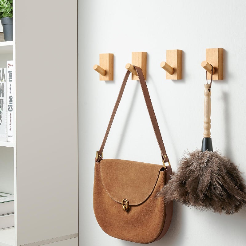Felidio Natural Wooden Wall Hooks, Adhesive & Screw Mount Coat and Towel Hooks - Decorative Key Holder, Hat Rack, Stocking Wall Hangers for Bathroom Entryway Closet - 4 Pack, Beech Wood - Image 5