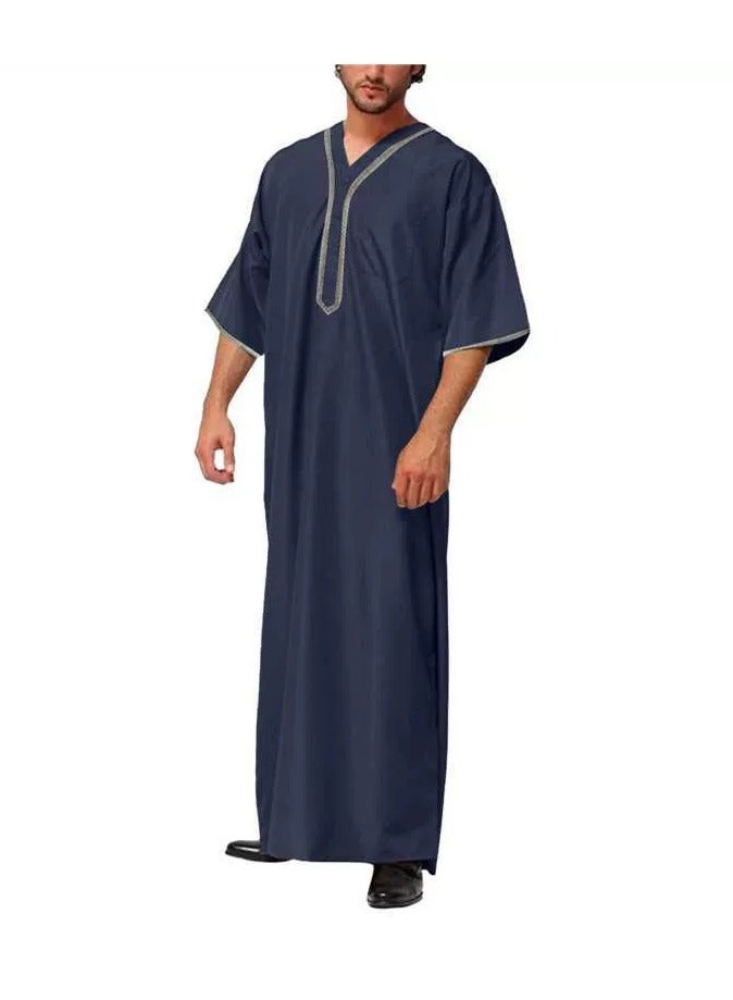 Loquat Men's Muslim Loose Robe Thobe V-Neck Short Sleeve Side Split Kaftan Navy Blue