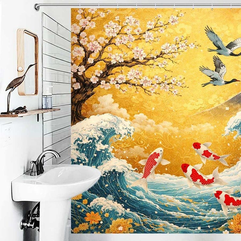 Cherry Blossoms, koi Fish, and Mount Fuji in a Vibrant sceneShower Curtain for Bathroom Waterproof Tan Shower Curtain with Hooks 71 inch x 71 inch - Image 4