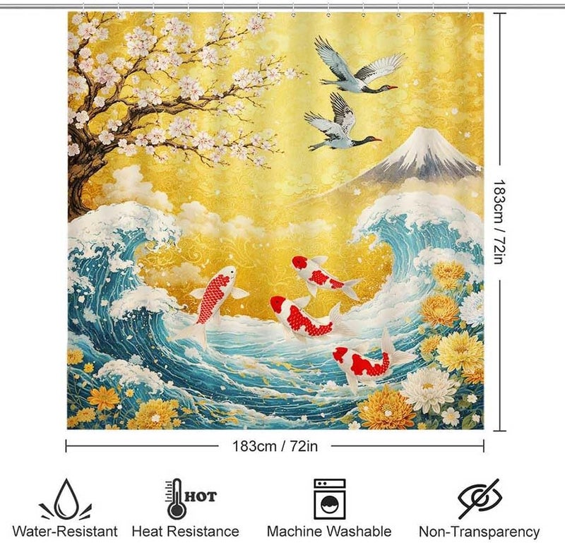 Cherry Blossoms, koi Fish, and Mount Fuji in a Vibrant sceneShower Curtain for Bathroom Waterproof Tan Shower Curtain with Hooks 71 inch x 71 inch - Image 3