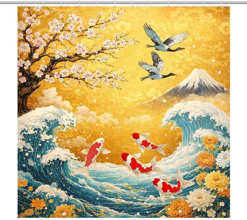 Cherry Blossoms, koi Fish, and Mount Fuji in a Vibrant sceneShower Curtain for Bathroom Waterproof Tan Shower Curtain with Hooks 71 inch x 71 inch - Image 1