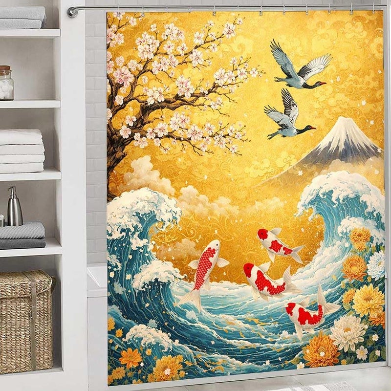 Cherry Blossoms, koi Fish, and Mount Fuji in a Vibrant sceneShower Curtain for Bathroom Waterproof Tan Shower Curtain with Hooks 71 inch x 71 inch - Image 2