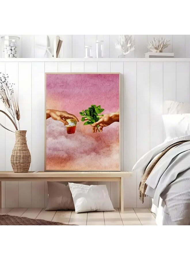 A modern, beautiful, elegant, watercolor canvas wall art. A sophisticated, soft, unrealistic, and imaginative image of a teacup, cup, or teapot in one hand, and the other giving a bundle of mint from above the clouds. A bright and relaxing painting. The painting without any frame is considered an elegant decorative element for the home or even in the hotel corridors, bedroom, guest room, meeting room, Bedouin tent, office, popular cafe, old traditional restaurants, hospital corridors, in the kitchen, next to the coffee corner, or an ideal artistic gift for special people. It can be given to a person in the old mud house council, or to an elderly man or woman, or in Ramadan. You can add a wooden frame to it, or you can even hang the painting with clips without any frame. Its size is 30*40 cm without a frame  - Image 2
