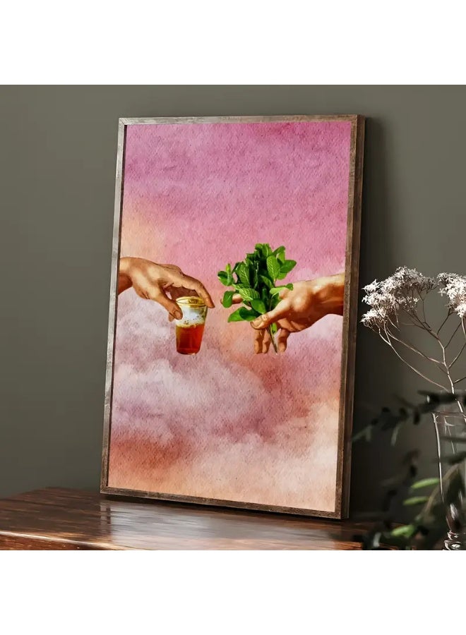 A modern, beautiful, elegant, watercolor canvas wall art. A sophisticated, soft, unrealistic, and imaginative image of a teacup, cup, or teapot in one hand, and the other giving a bundle of mint from above the clouds. A bright and relaxing painting. The painting without any frame is considered an elegant decorative element for the home or even in the hotel corridors, bedroom, guest room, meeting room, Bedouin tent, office, popular cafe, old traditional restaurants, hospital corridors, in the kitchen, next to the coffee corner, or an ideal artistic gift for special people. It can be given to a person in the old mud house council, or to an elderly man or woman, or in Ramadan. You can add a wooden frame to it, or you can even hang the painting with clips without any frame. Its size is 30*40 cm without a frame  - Image 3