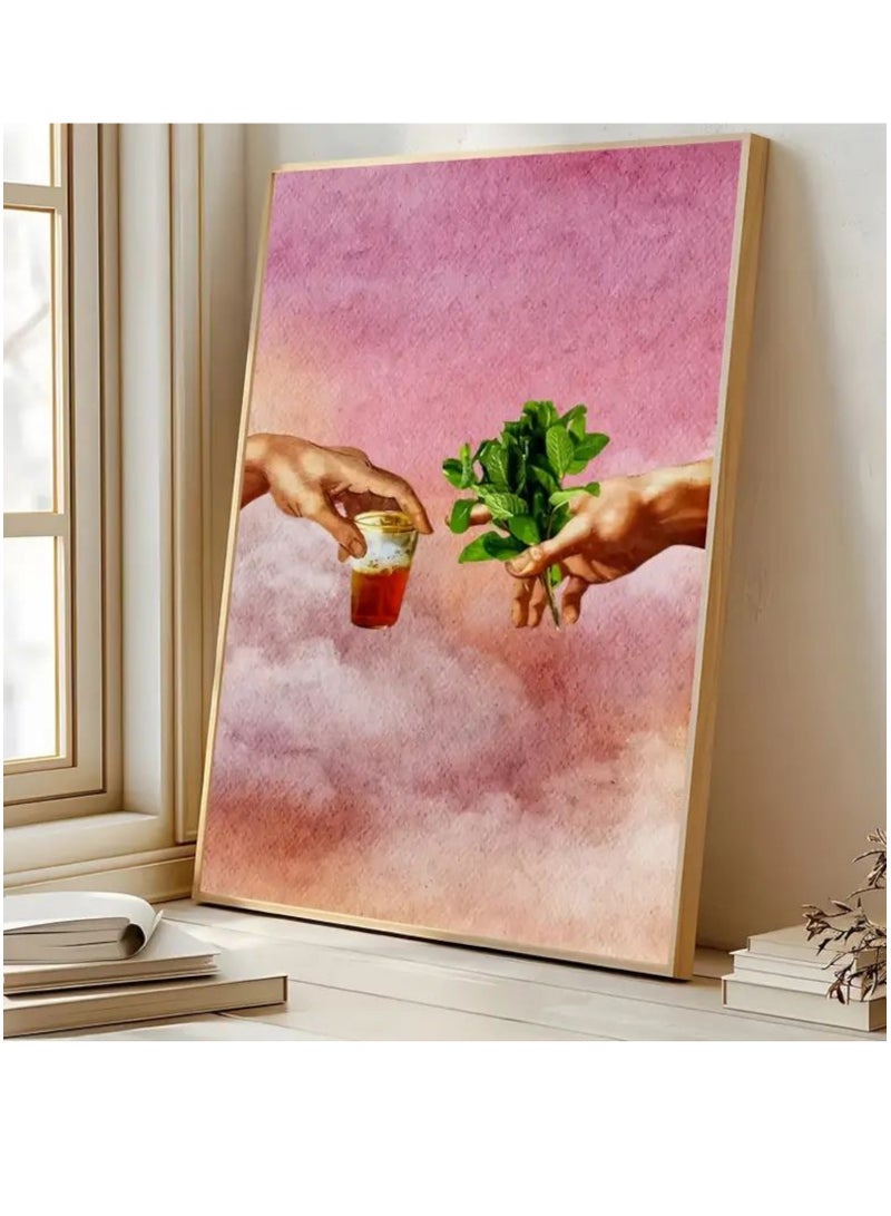 A modern, beautiful, elegant, watercolor canvas wall art. A sophisticated, soft, unrealistic, and imaginative image of a teacup, cup, or teapot in one hand, and the other giving a bundle of mint from above the clouds. A bright and relaxing painting. The painting without any frame is considered an elegant decorative element for the home or even in the hotel corridors, bedroom, guest room, meeting room, Bedouin tent, office, popular cafe, old traditional restaurants, hospital corridors, in the kitchen, next to the coffee corner, or an ideal artistic gift for special people. It can be given to a person in the old mud house council, or to an elderly man or woman, or in Ramadan. You can add a wooden frame to it, or you can even hang the painting with clips without any frame. Its size is 30*40 cm without a frame  - Image 1
