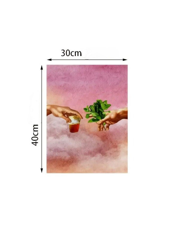 A modern, beautiful, elegant, watercolor canvas wall art. A sophisticated, soft, unrealistic, and imaginative image of a teacup, cup, or teapot in one hand, and the other giving a bundle of mint from above the clouds. A bright and relaxing painting. The painting without any frame is considered an elegant decorative element for the home or even in the hotel corridors, bedroom, guest room, meeting room, Bedouin tent, office, popular cafe, old traditional restaurants, hospital corridors, in the kitchen, next to the coffee corner, or an ideal artistic gift for special people. It can be given to a person in the old mud house council, or to an elderly man or woman, or in Ramadan. You can add a wooden frame to it, or you can even hang the painting with clips without any frame. Its size is 30*40 cm without a frame  - Image 5