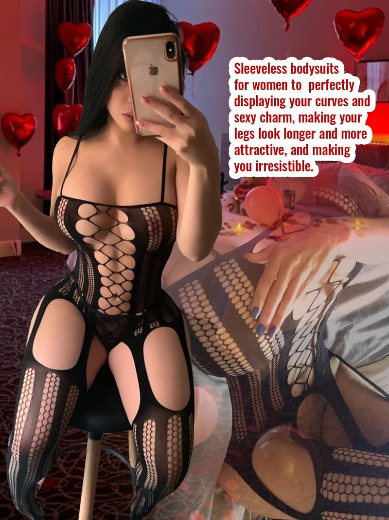 Buitifo Womens Fishnet Bodystocking Plus Size Crotchless Bodysuit Sexy Tights Soft Nightwear Lingerie (Black NST,M) - Image 4