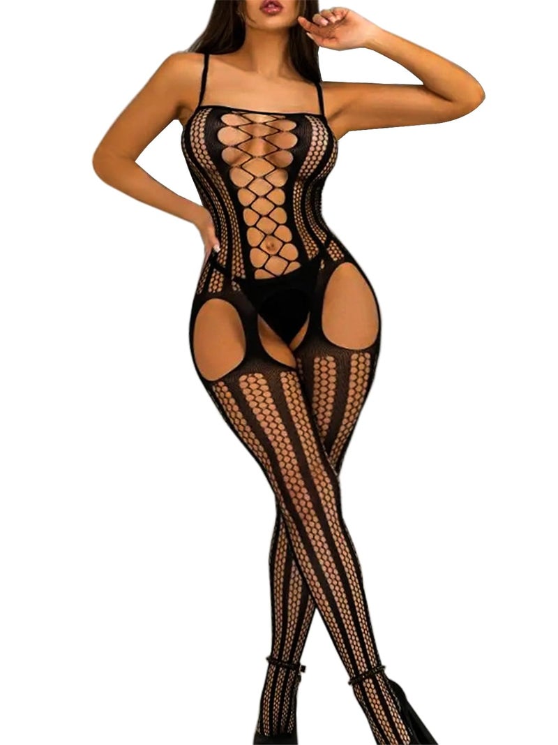 Buitifo Womens Fishnet Bodystocking Plus Size Crotchless Bodysuit Sexy Tights Soft Nightwear Lingerie (Black NST,M) - Image 1