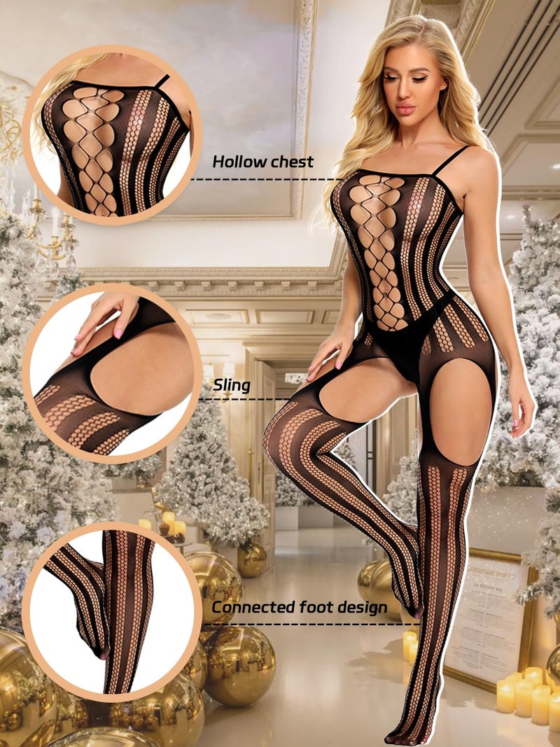 Buitifo Womens Fishnet Bodystocking Plus Size Crotchless Bodysuit Sexy Tights Soft Nightwear Lingerie (Black NST,M) - Image 3