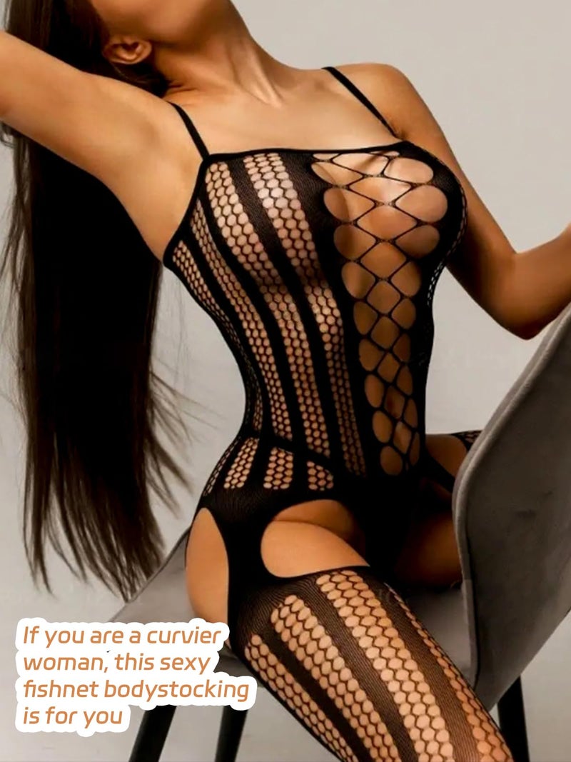 Buitifo Womens Fishnet Bodystocking Plus Size Crotchless Bodysuit Sexy Tights Soft Nightwear Lingerie (Black NST,M) - Image 2