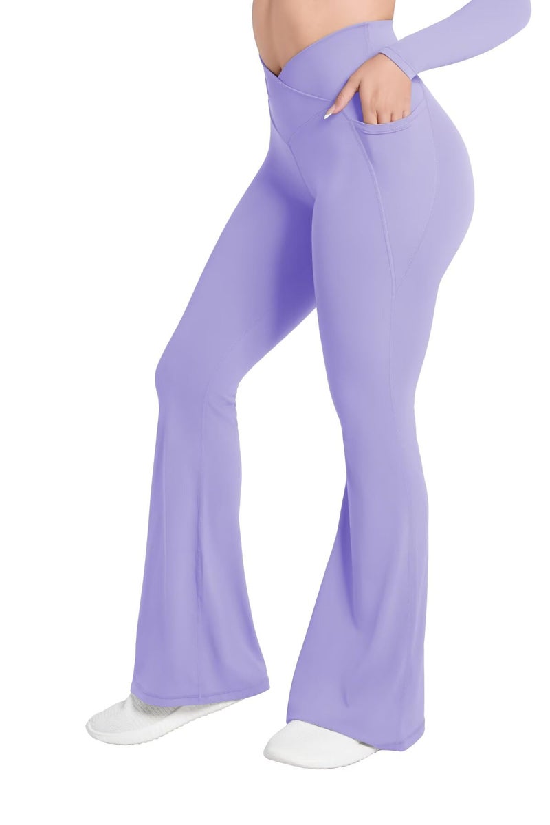 Sunzel Flare Leggings for Women with Pockets, Crossover Yoga Pants with Tummy Control, High Waisted and Wide Leg Side Pockets 30" Lilac Medium - Image 1