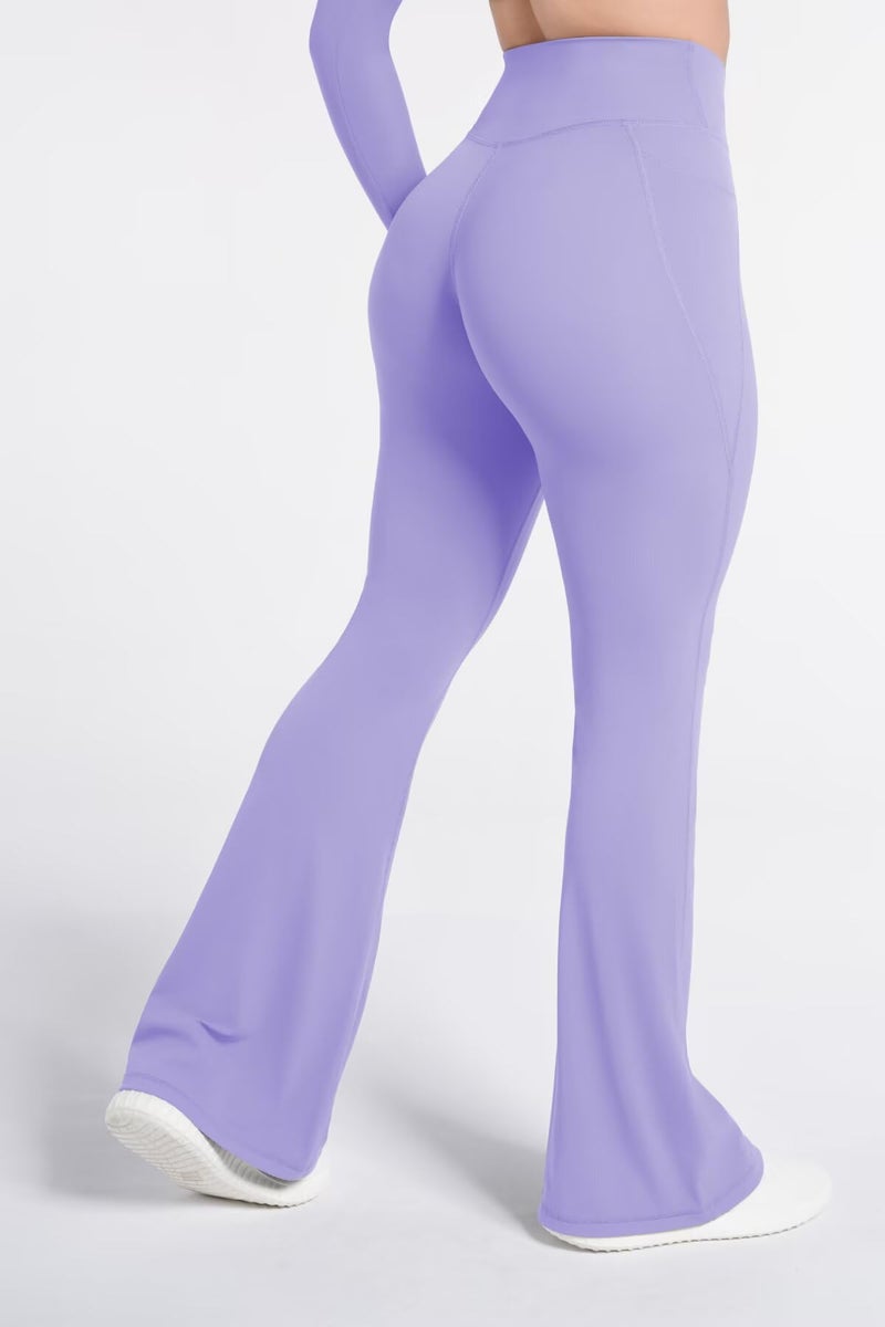 Sunzel Flare Leggings for Women with Pockets, Crossover Yoga Pants with Tummy Control, High Waisted and Wide Leg Side Pockets 30" Lilac Medium - Image 2