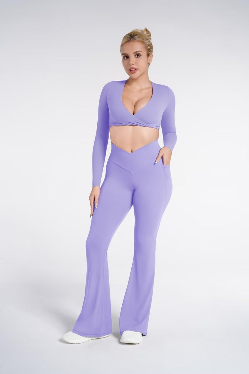 Sunzel Flare Leggings for Women with Pockets, Crossover Yoga Pants with Tummy Control, High Waisted and Wide Leg Side Pockets 30" Lilac Medium - Image 3