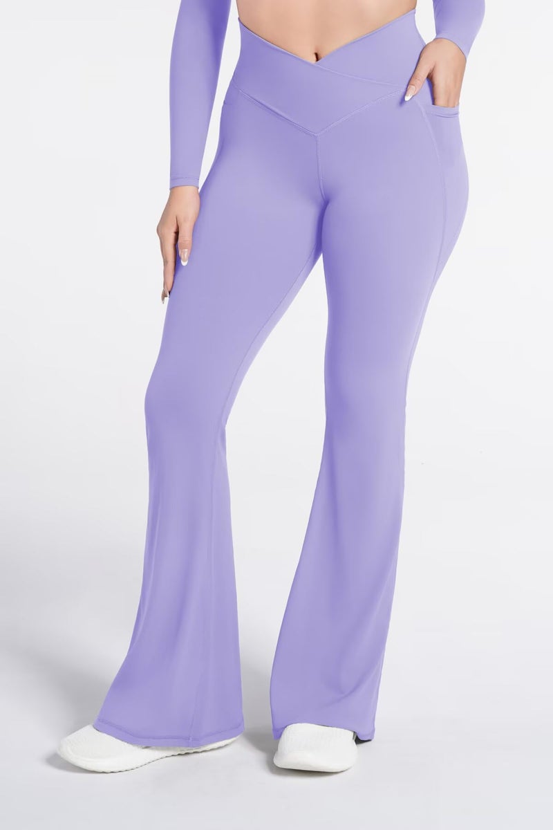 Sunzel Flare Leggings for Women with Pockets, Crossover Yoga Pants with Tummy Control, High Waisted and Wide Leg Side Pockets 30" Lilac Medium - Image 5