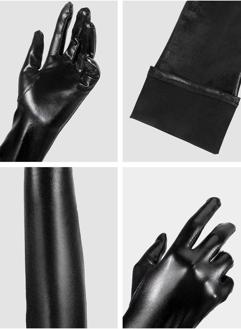 Y&D Tight Stocking Long Arm Sleeves, Patent Leather Women Costume Kit Show Dance Wedding Prom Gloves Thigh Knee Socks (Black, 35" + 21" Sleeves) - Image 2