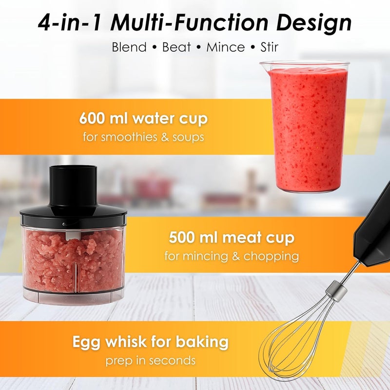 Nexso 1000W 4-in-1 Hand Blender Set - High Torque Motor, Two Speed Control, Stainless Steel Blades, 20 Ounce Cup, 17 Ounce Cup, Egg Whisk - Perfect - Image 4