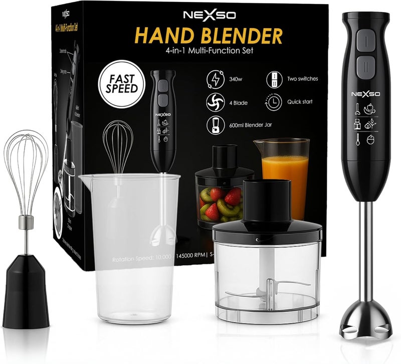 Nexso 1000W 4-in-1 Hand Blender Set - High Torque Motor, Two Speed Control, Stainless Steel Blades, 20 Ounce Cup, 17 Ounce Cup, Egg Whisk - Perfect - Image 1