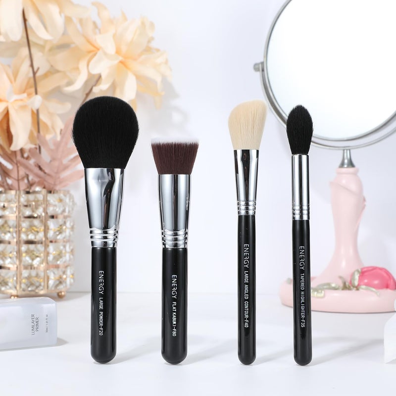 Energy Makeup Brush Set 4PCS Premium Synthetic Powder Foundation Blush Contour Bronzer Highlighter Makeup Brushes with Black PU Bag Professional Vegan Face Brushes - Image 5