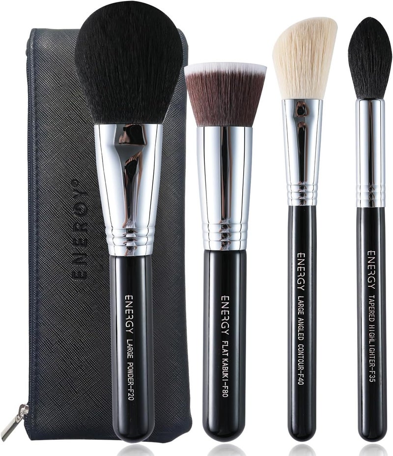 Energy Makeup Brush Set 4PCS Premium Synthetic Powder Foundation Blush Contour Bronzer Highlighter Makeup Brushes with Black PU Bag Professional Vegan Face Brushes - Image 1