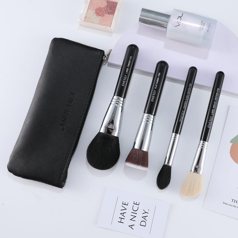 Energy Makeup Brush Set 4PCS Premium Synthetic Powder Foundation Blush Contour Bronzer Highlighter Makeup Brushes with Black PU Bag Professional Vegan Face Brushes - Image 2
