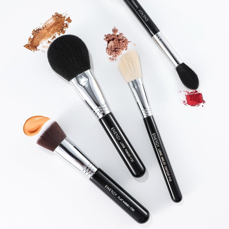 Energy Makeup Brush Set 4PCS Premium Synthetic Powder Foundation Blush Contour Bronzer Highlighter Makeup Brushes with Black PU Bag Professional Vegan Face Brushes - Image 4