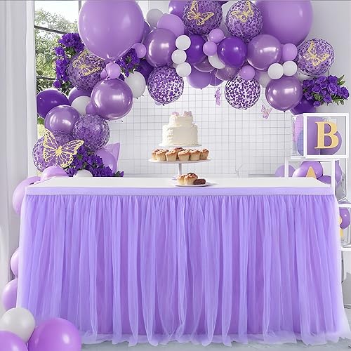 Suppromo Purple Tulle Table Skirt Baby Shower Table Cloth for Rectangle Tables or Round Tables Purple Tutu Table Skirt for Girls Mermaid Elephant Butterfly Birthday Party Cake Dessert Decorations - Image 1