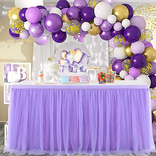 Suppromo Purple Tulle Table Skirt Baby Shower Table Cloth for Rectangle Tables or Round Tables Purple Tutu Table Skirt for Girls Mermaid Elephant Butterfly Birthday Party Cake Dessert Decorations - Image 2