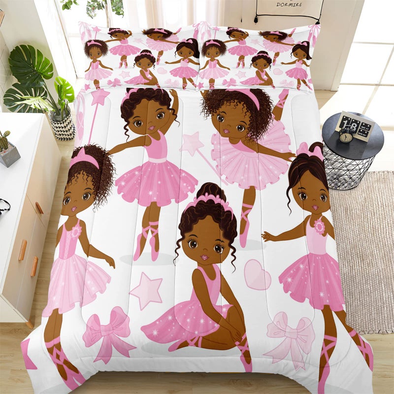 SIRDO Full Bedding Sets for Girls African American Magic Comforter Set with Ballet Dancer Pink Bed Set for Kids Teens Little Girls Bedroom Decor