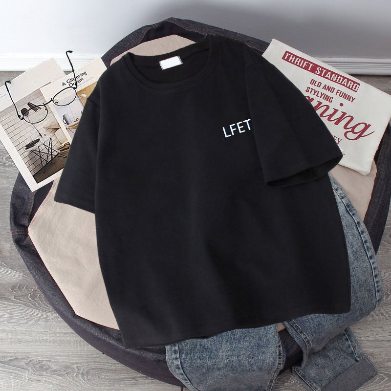 Round Neck Short-Sleeve T-Shirt For Men, Trendy Hong Kong Style, Five-Quarter Sleeve Top, Unisex, Student Couple Half-Sleeve Trendy Brand - Image 5
