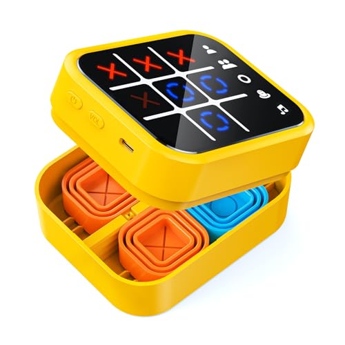 Focfundier Rechargeable Tic Tac Toe Game Box Upgraded 5 Fun Brain and Memory Games Compact Handheld Game Console Portable Puzzle Travel Game Ideal Gifts for All Ages 3 Yellow - Image 1
