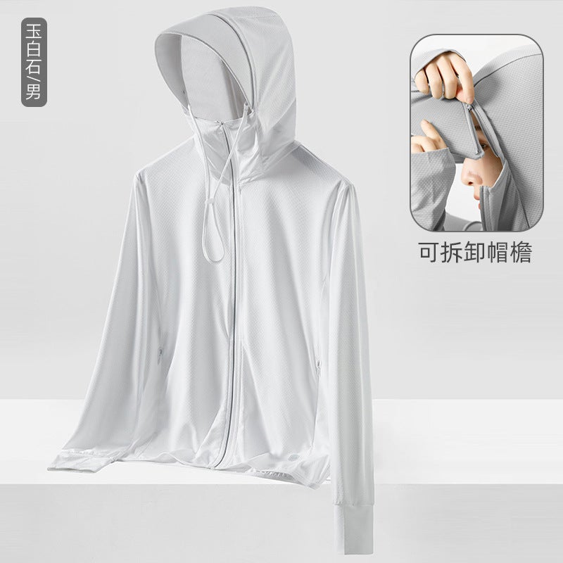 Sun protection clothing mens and womens summer ice silk thin breathable coat new UV protection outdoor fishing mens sun protection clothing Men's Jade White