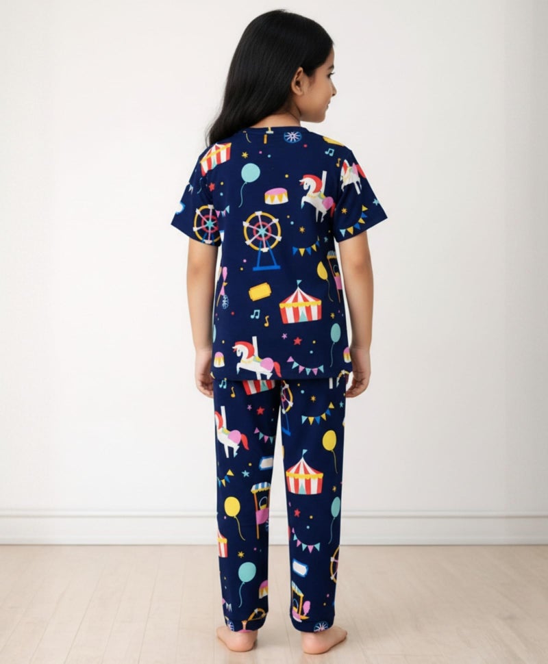 ANTHRILO Summer Carnival Circus Girls Short Sleeve Pyjama Set - Navy - Image 4