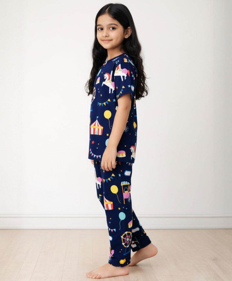 ANTHRILO Summer Carnival Circus Girls Short Sleeve Pyjama Set - Navy - Image 3