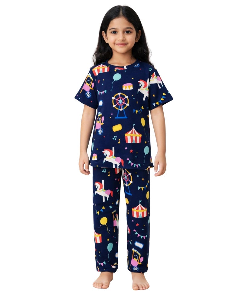 ANTHRILO Summer Carnival Circus Girls Short Sleeve Pyjama Set - Navy - Image 1