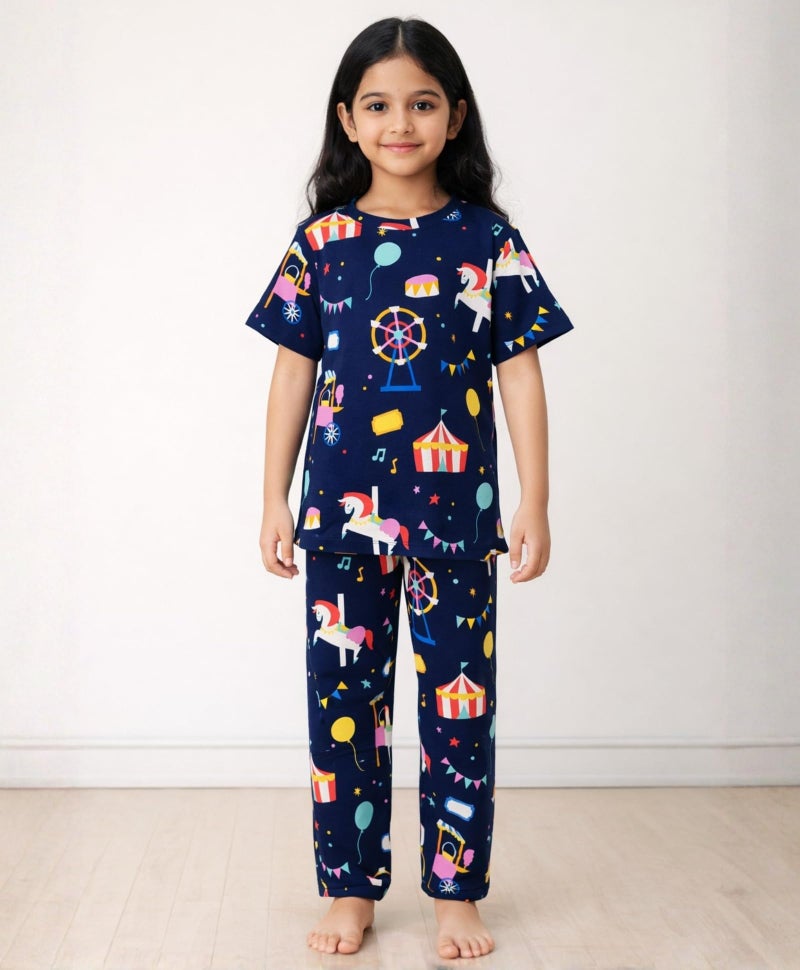 ANTHRILO Summer Carnival Circus Girls Short Sleeve Pyjama Set - Navy - Image 2
