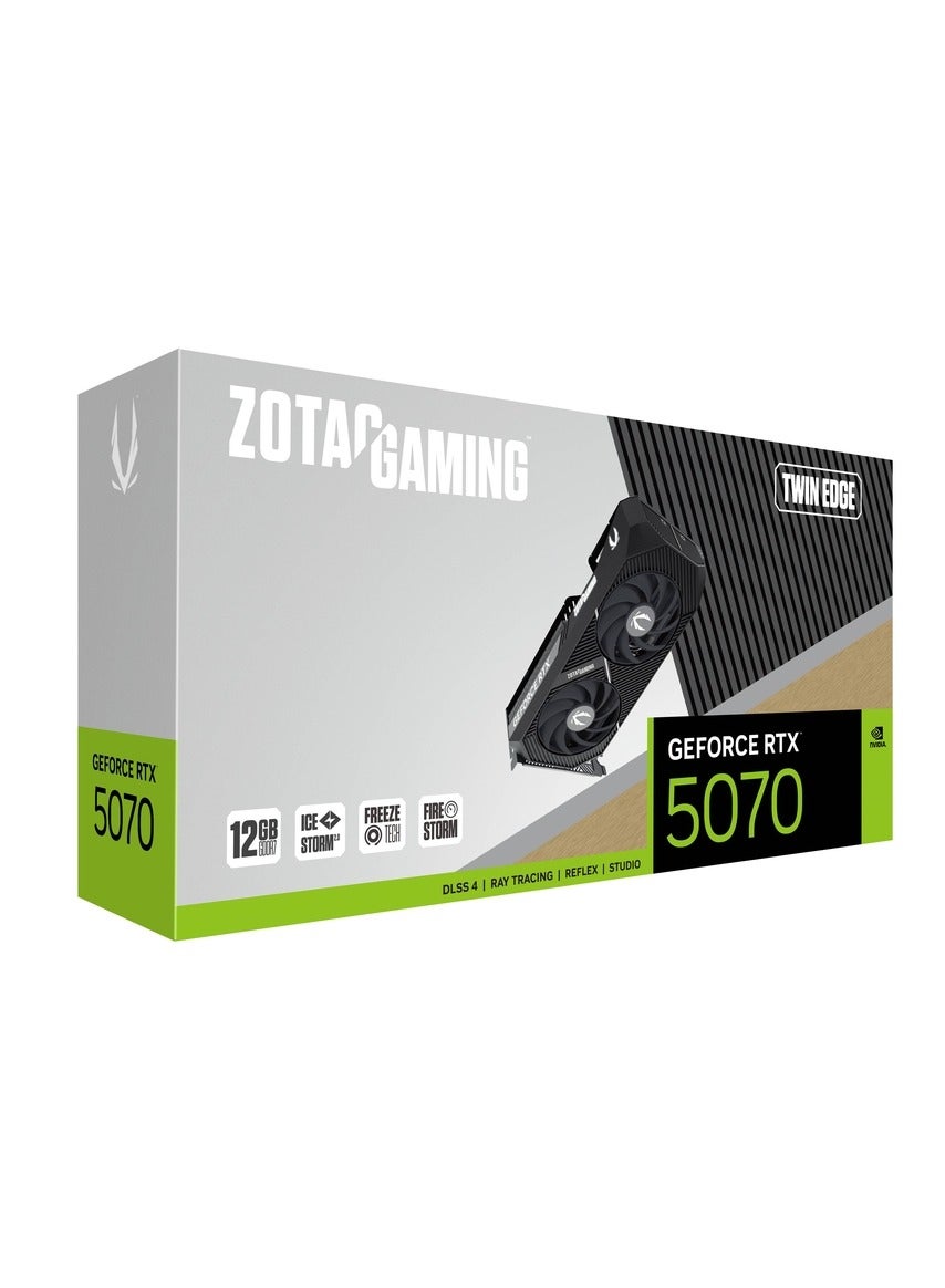 GAMING GeForce RTX 5070 Twin Edge 12GB GDDR7 Graphics Card, NVIDIA Blackwell Architecture, 6144 CUDA Cores, 2512 MHz Boost Clock, 192-bit, PCIe 5.0 x16, IceStorm 2.0 Dual Fan Cooling, DisplayPort 2.1 x3, HDMI 2.1, DLSS 4, Ray Tracing, Metal Backplate, 250W TDP, Compact Dual-Slot, FREEZE Fan Stop, FireStorm Utility, Quad Display Support, VR Ready | ZT-B50700E-10P