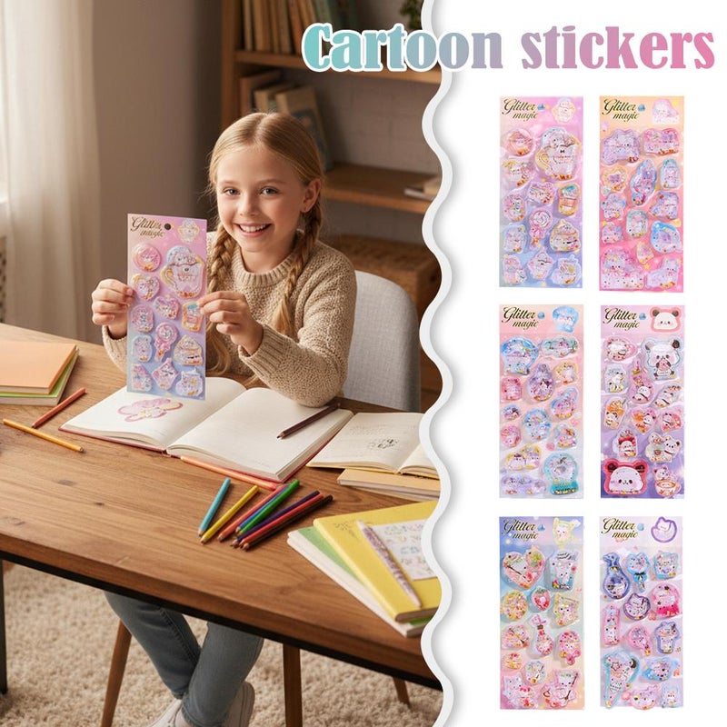 Flashy Kids Cartoon Glitter Gem Dynamic Oil-Filling Stickers 3D Sparkling Shake-Up Water-Filling Decals Sequin Awards - Image 2