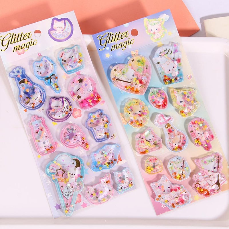 Flashy Kids Cartoon Glitter Gem Dynamic Oil-Filling Stickers 3D Sparkling Shake-Up Water-Filling Decals Sequin Awards - Image 5