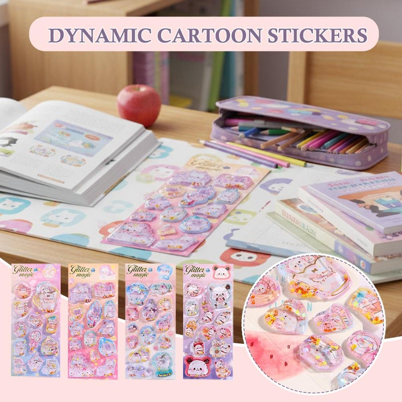 Flashy Kids Cartoon Glitter Gem Dynamic Oil-Filling Stickers 3D Sparkling Shake-Up Water-Filling Decals Sequin Awards - Image 3