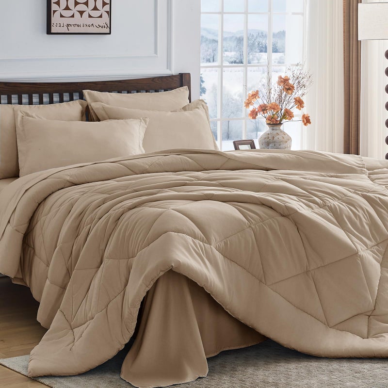 HEVUMYI Khaki Queen Comforter Set - 7-Piece All Season Bed in a Bag Queen, Ultra Soft Bedding Set with Comforter, Flat Sheet, Fitted Sheet, Pillowcases, Pillow Shams - Image 1