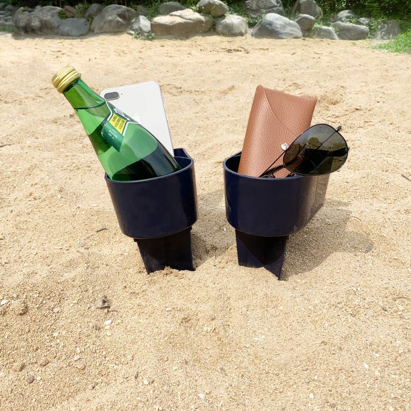 Home Queen Beach Cup Holder with Pocket, Multi-Functional Sand Cup Holder for Beverage Phone Sunglasses Key, Beach Accessory Drink Sand Coaster, 2-Pack, Navy - Image 1