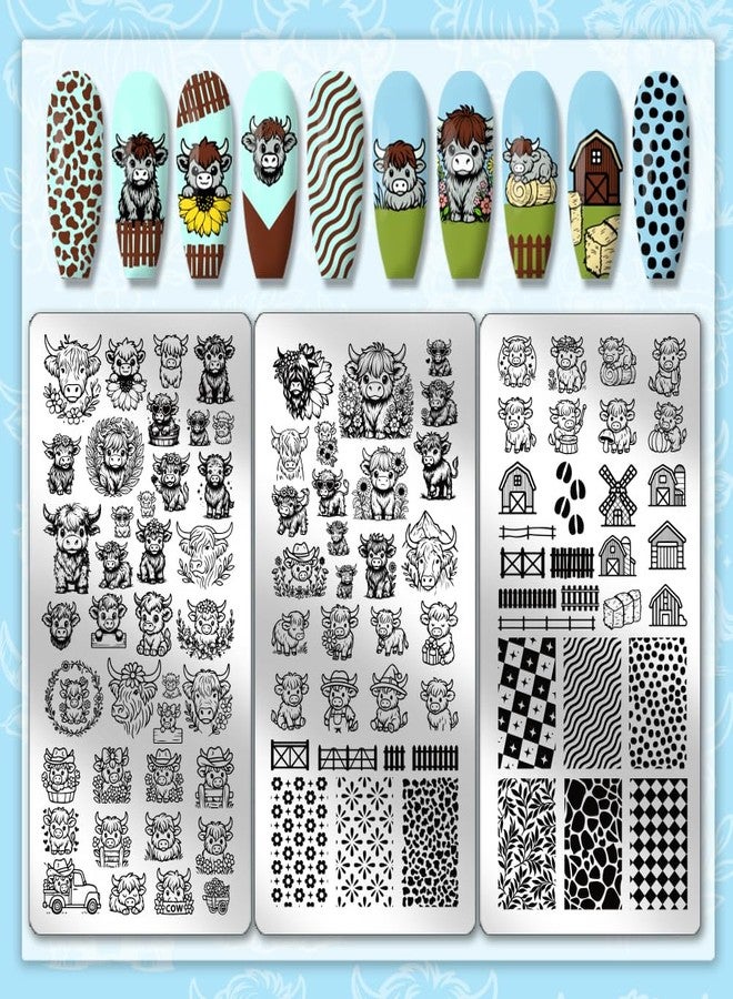 PH PandaHall 3pcs Highland Cow Theme Nail Stamping Plates Rustic Farms Nail Art Templates Animal Manicure Art Stencils Texture Pattern Nails Image Plates for Women Manicures Salon Design Printing - Image 3