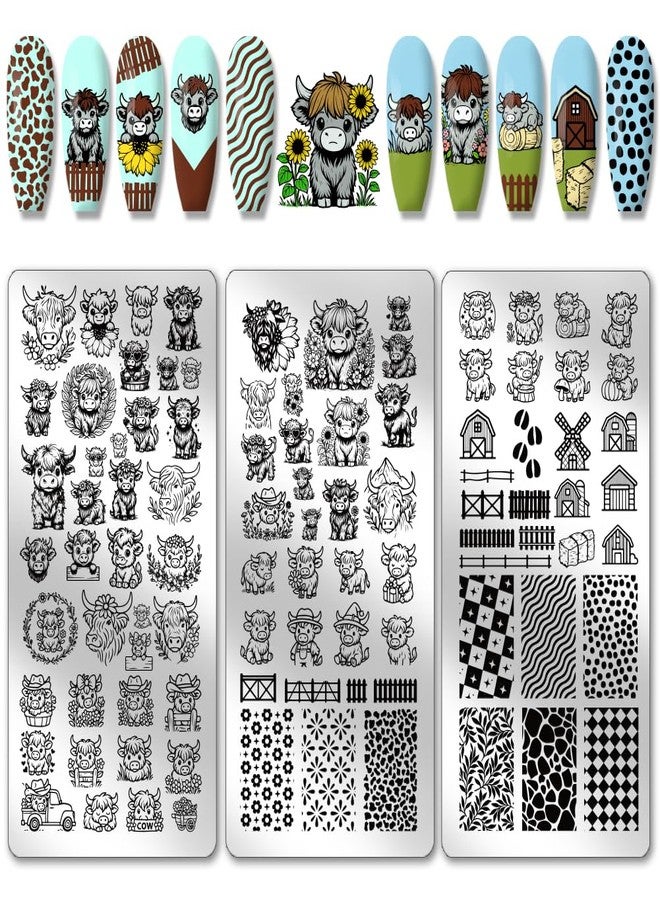 PH PandaHall 3pcs Highland Cow Theme Nail Stamping Plates Rustic Farms Nail Art Templates Animal Manicure Art Stencils Texture Pattern Nails Image Plates for Women Manicures Salon Design Printing - Image 1