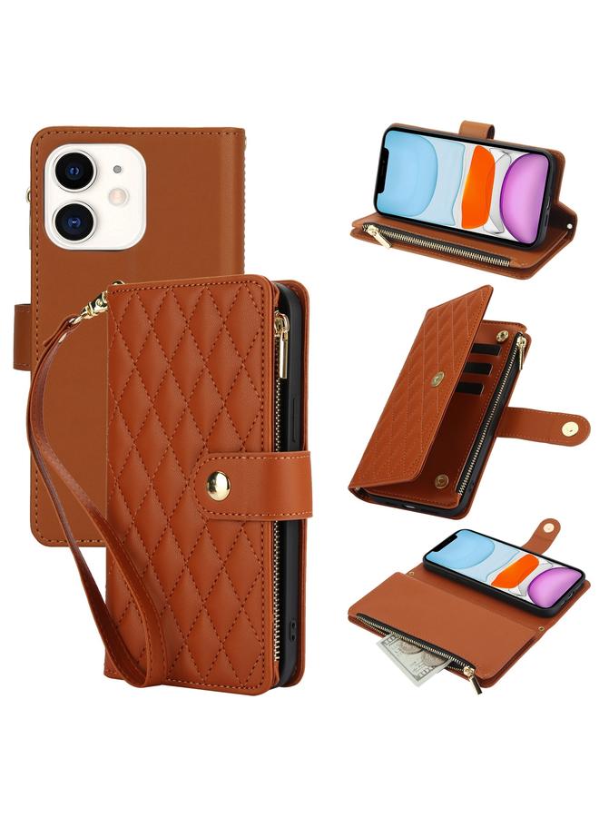 اس-توب حافظة هاتف iPhone 11 YM016 محفظة بطاقات جلدية بسحاب معيني الشكل مع حبل - Image 1